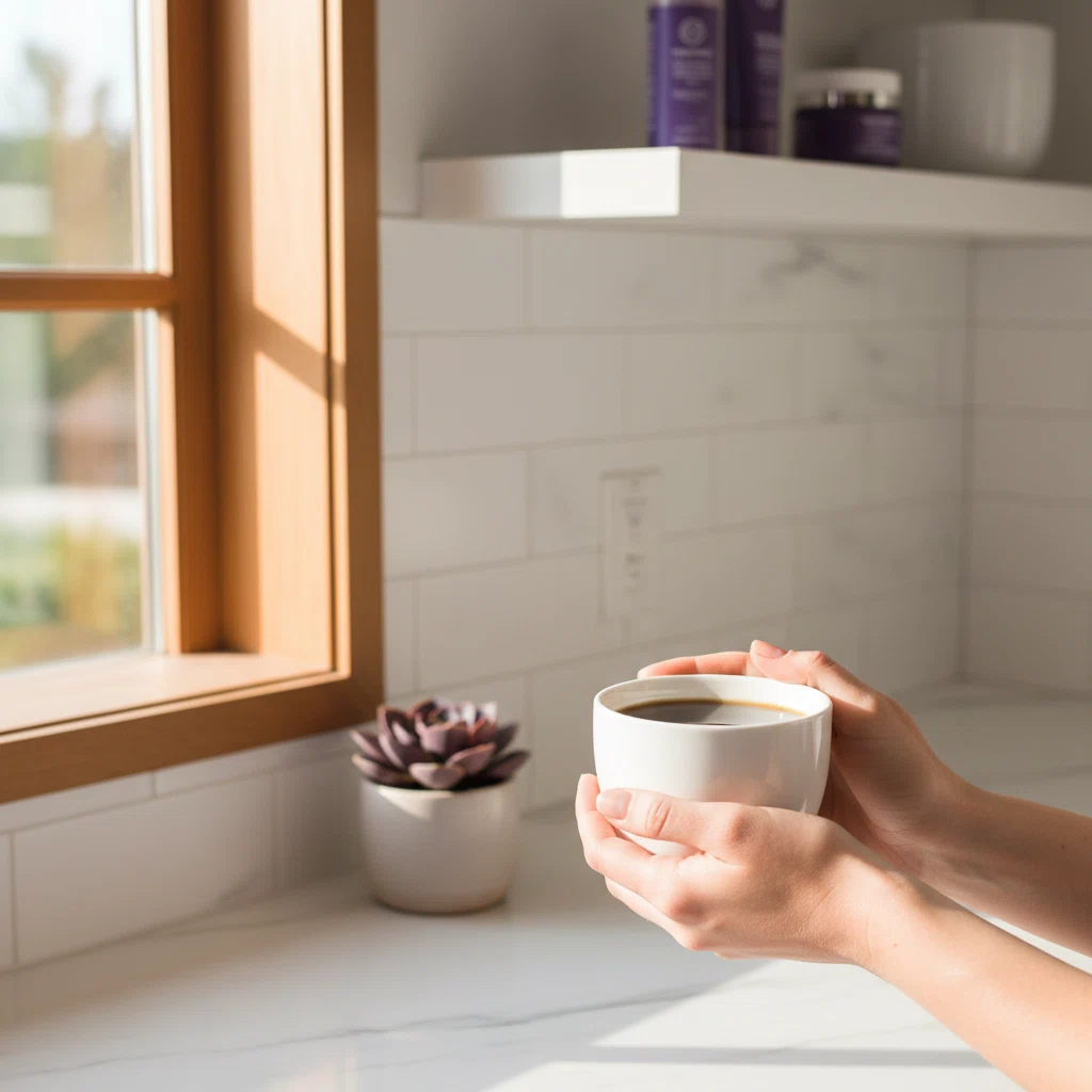 Morgenroutine mit Kaffee - Hände halten eine Tasse am Fenster