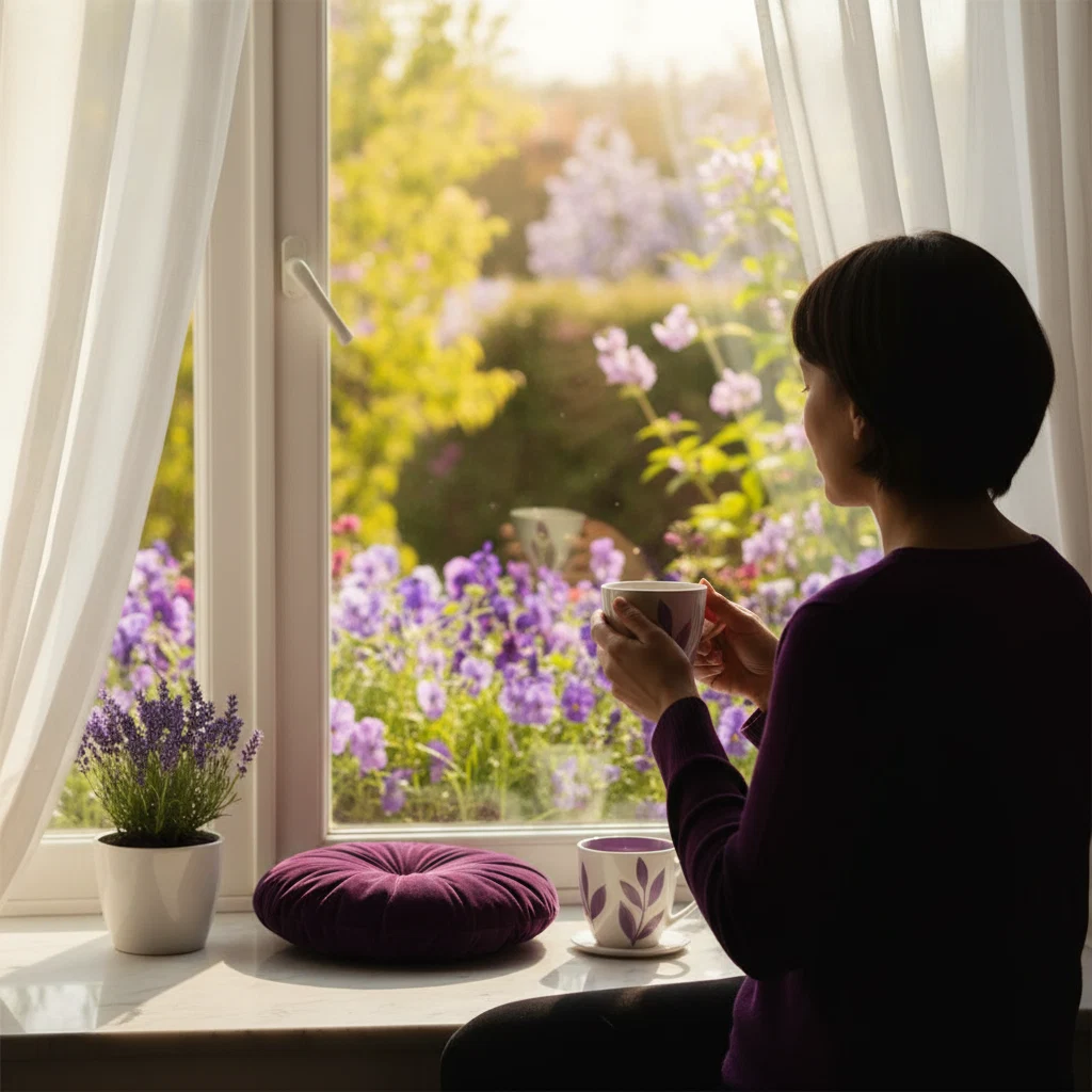 Anonyme Leserin mit Kaffeetasse am Fenster