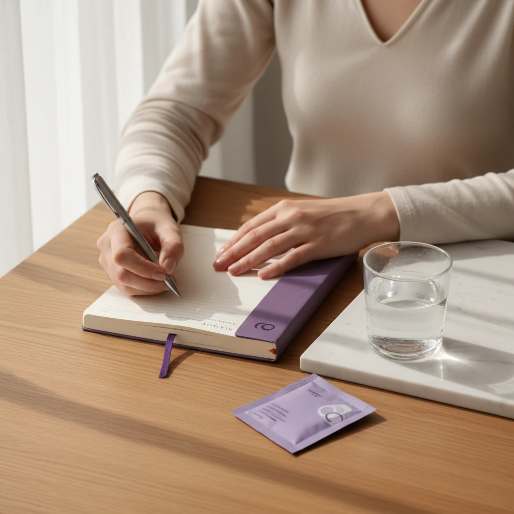 Anonyme Person schreibt in Wellness-Journal neben Kaffee-Sachet